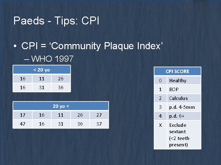 Paeds - Tips: CPI • CPI = ‘Community Plaque Index’ – WHO 1997 <