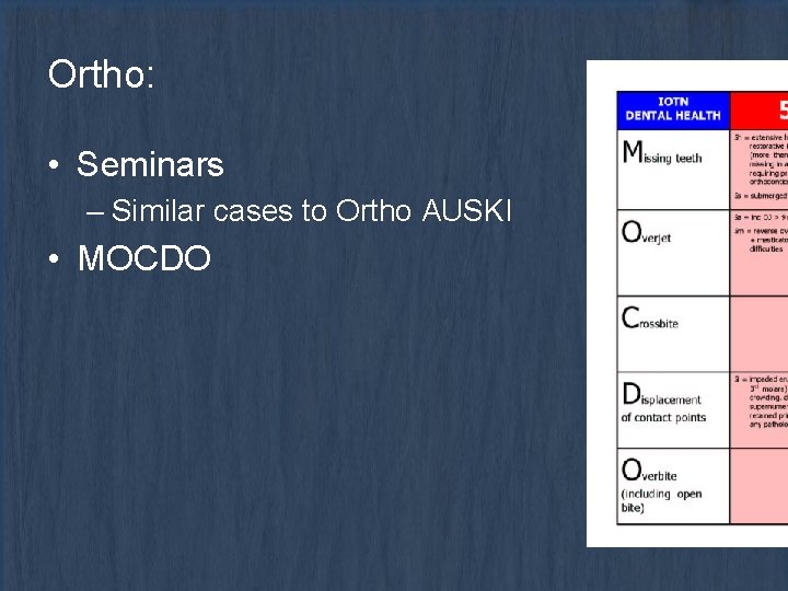 Ortho: • Seminars – Similar cases to Ortho AUSKI • MOCDO 