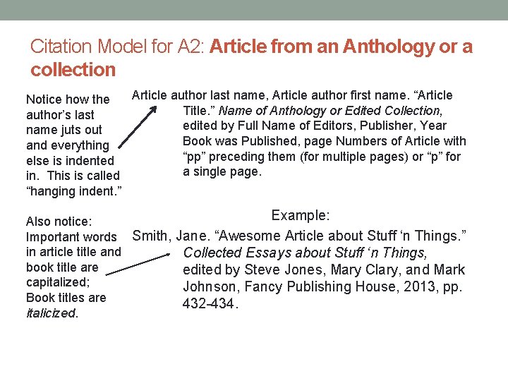 Citation Model for A 2: Article from an Anthology or a collection Article author