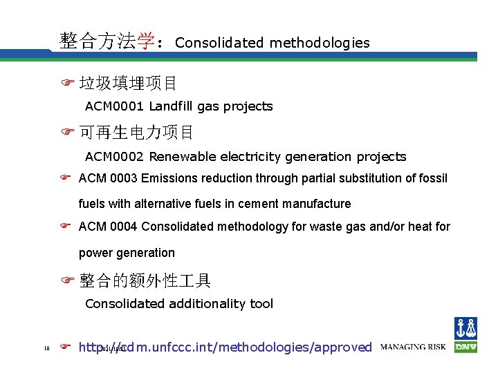 整合方法学：Consolidated methodologies F 垃圾填埋项目 ACM 0001 Landfill gas projects F 可再生电力项目 ACM 0002 Renewable