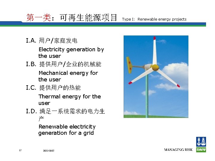 第一类：可再生能源项目 I. A. 用户/家庭发电 Electricity generation by the user I. B. 提供用户/企业的机械能 Mechanical energy