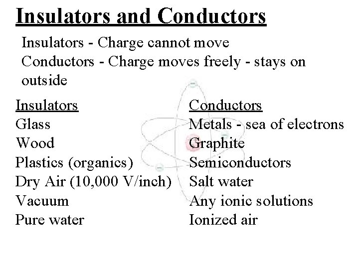 Insulators and Conductors Insulators - Charge cannot move Conductors - Charge moves freely -