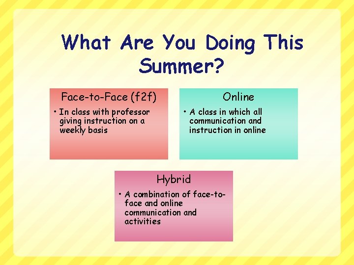 What Are You Doing This Summer? Face-to-Face (f 2 f) • In class with