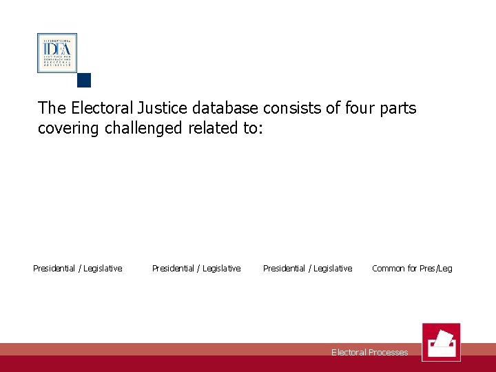 The Electoral Justice database consists of four parts covering challenged related to: Presidential /
