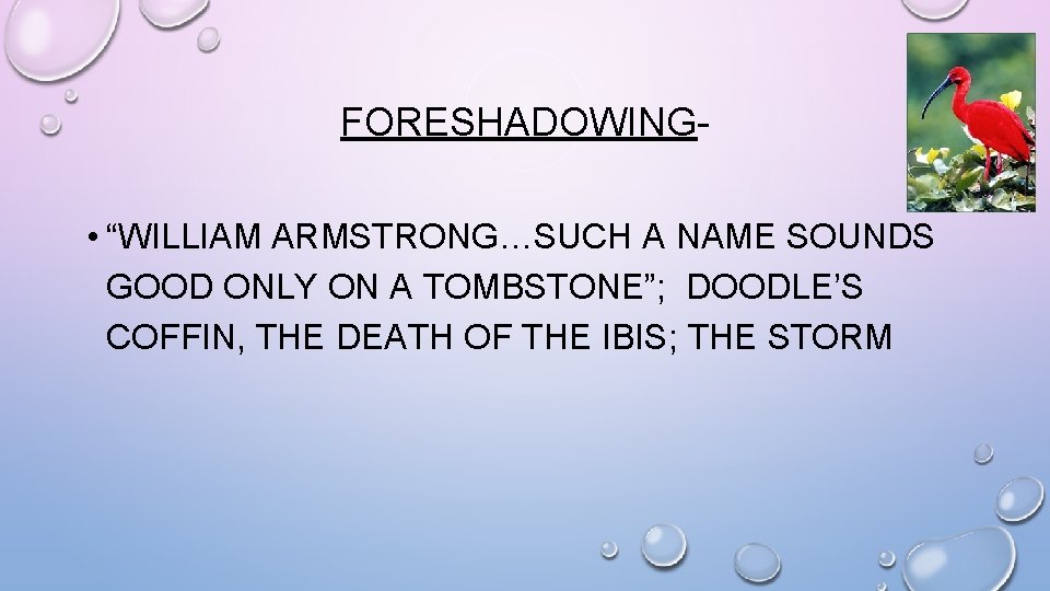 FORESHADOWING • “WILLIAM ARMSTRONG…SUCH A NAME SOUNDS GOOD ONLY ON A TOMBSTONE”; DOODLE’S COFFIN,