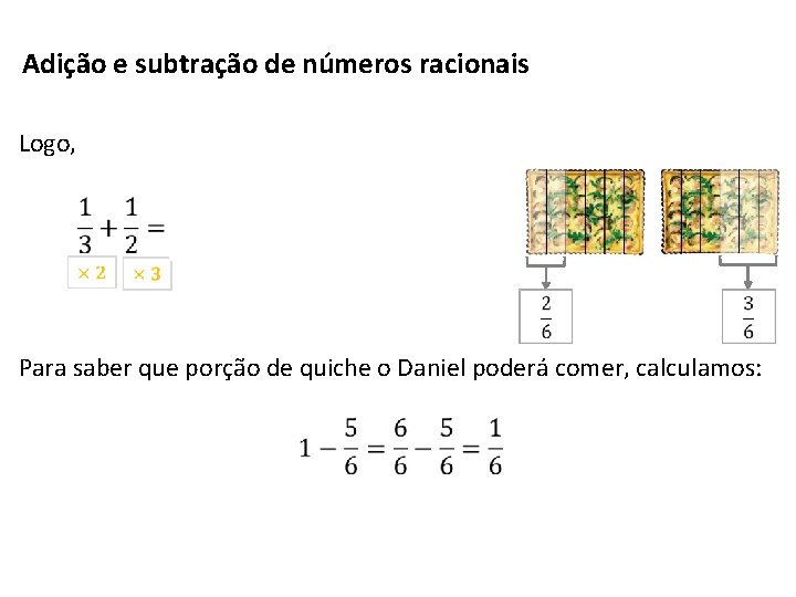 Adição e subtração de números racionais Logo, Para saber que porção de quiche o Adição e subtração de números racionais Logo, Para saber que porção de quiche o