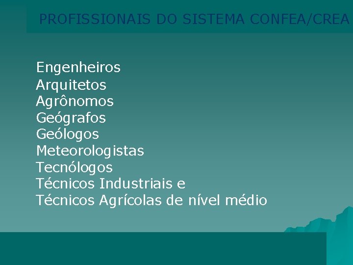 PROFISSIONAIS DO SISTEMA CONFEA/CREA Engenheiros Arquitetos Agrônomos Geógrafos Geólogos Meteorologistas Tecnólogos Técnicos Industriais e