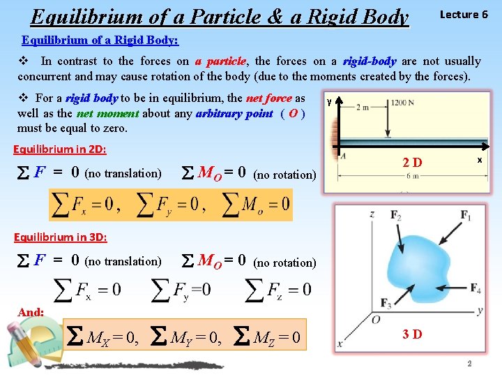 Equilibrium of a Particle & a Rigid Body Lecture 6 Equilibrium of a Rigid