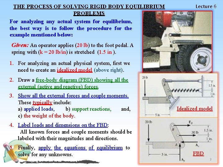 THE PROCESS OF SOLVING RIGID BODY EQUILIBRIUM PROBLEMS For analyzing any actual system for