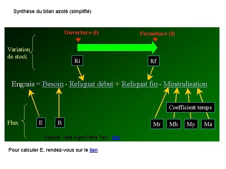 Synthèse du bilan azoté (simplifié) Ce que nous recherchons à déterminer es E (quantité