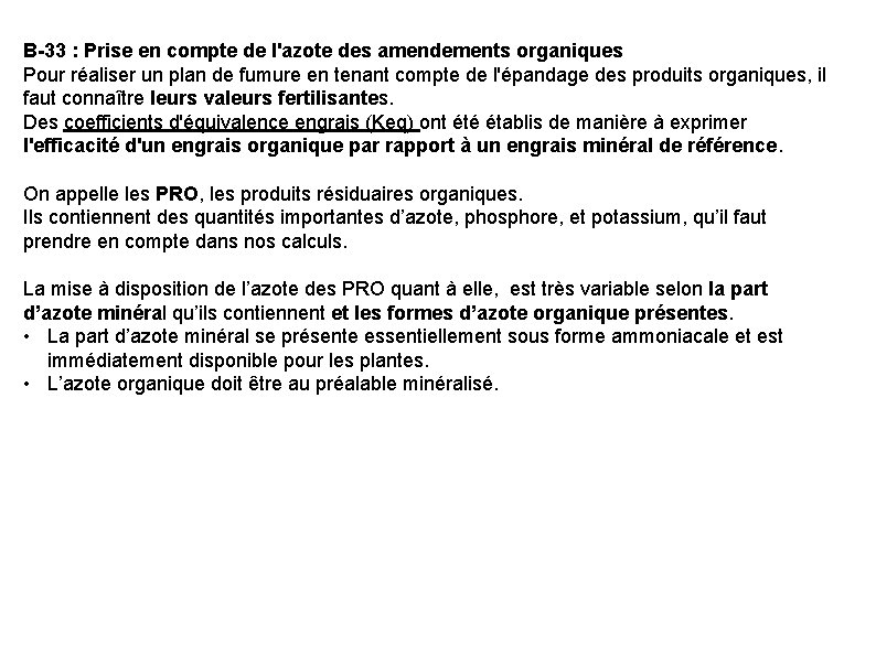 B-33 : Prise en compte de l'azote des amendements organiques Pour réaliser un plan