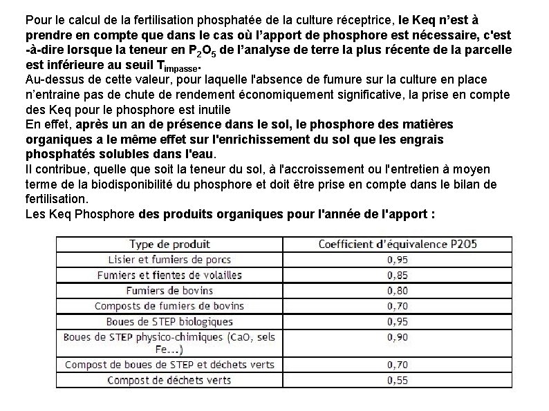 Pour le calcul de la fertilisation phosphatée de la culture réceptrice, le Keq n’est