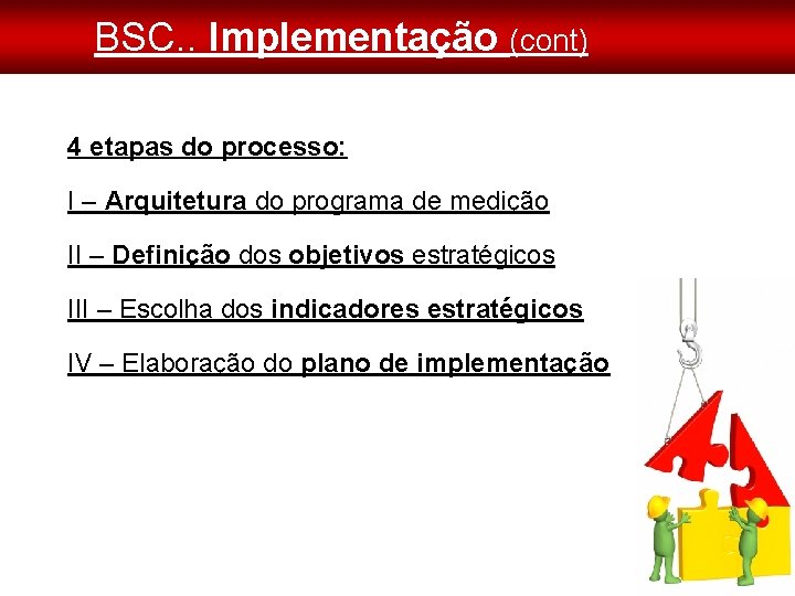 BSC. . Implementação (cont) 4 etapas do processo: I – Arquitetura do programa de