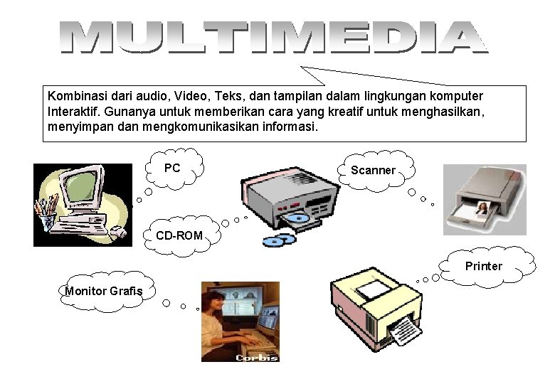 Kombinasi dari audio, Video, Teks, dan tampilan dalam lingkungan komputer Interaktif. Gunanya untuk memberikan