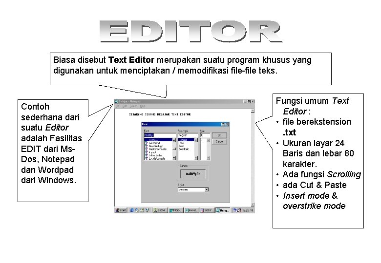 Biasa disebut Text Editor merupakan suatu program khusus yang digunakan untuk menciptakan / memodifikasi