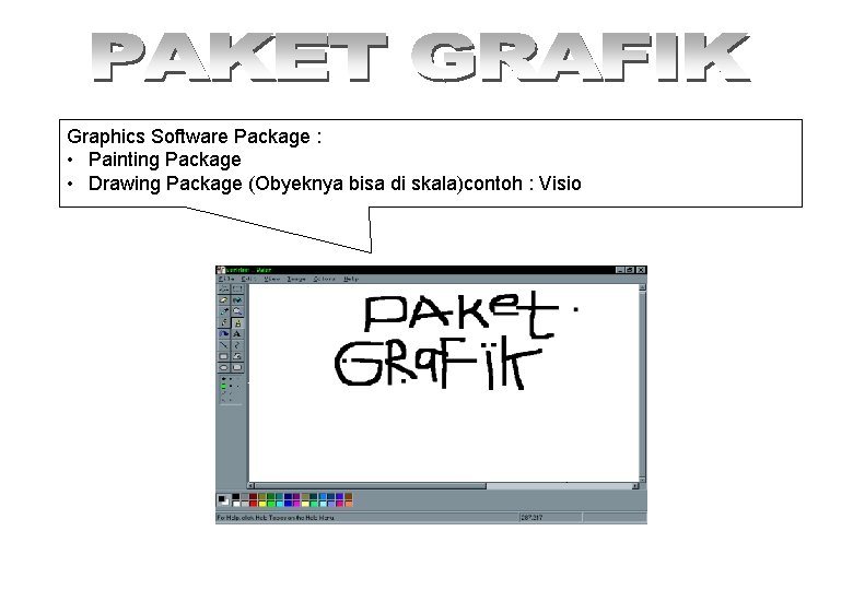 Graphics Software Package : • Painting Package • Drawing Package (Obyeknya bisa di skala)contoh