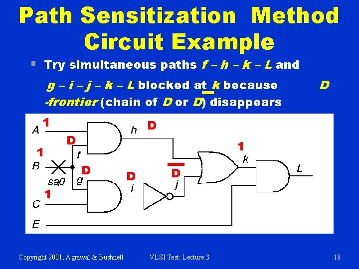 Path Sensitization Method Circuit Example § Try simultaneous paths f – h – k