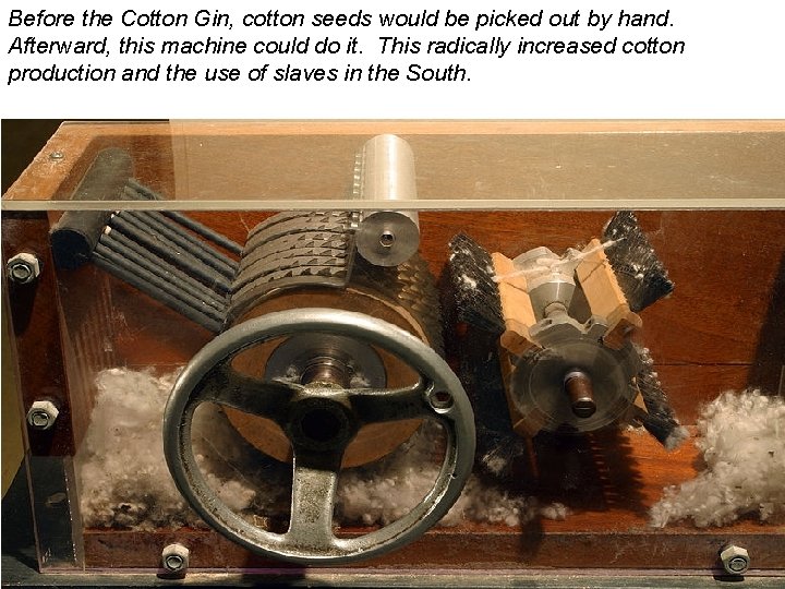 Before the Cotton Gin, cotton seeds would be picked out by hand. Afterward, this