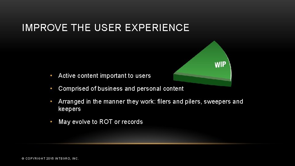IMPROVE THE USER EXPERIENCE • Active content important to users • Comprised of business