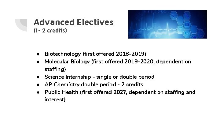 Advanced Electives (1 - 2 credits) ● Biotechnology (first offered 2018 -2019) ● Molecular Advanced Electives (1 - 2 credits) ● Biotechnology (first offered 2018 -2019) ● Molecular