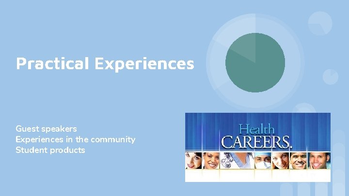 Practical Experiences Guest speakers Experiences in the community Student products Practical Experiences Guest speakers Experiences in the community Student products