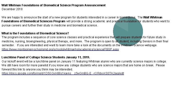 Walt Whitman Foundations of Biomedical Science Program Announcement December 2018 We are happy to Walt Whitman Foundations of Biomedical Science Program Announcement December 2018 We are happy to