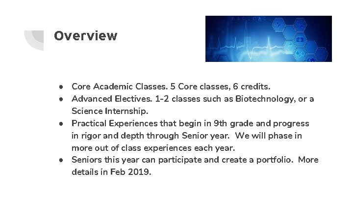 Overview ● Core Academic Classes. 5 Core classes, 6 credits. ● Advanced Electives. 1 Overview ● Core Academic Classes. 5 Core classes, 6 credits. ● Advanced Electives. 1