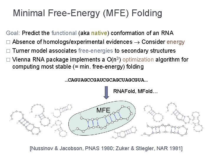 Minimal Free-Energy (MFE) Folding Goal: Predict the functional (aka native) conformation of an RNA