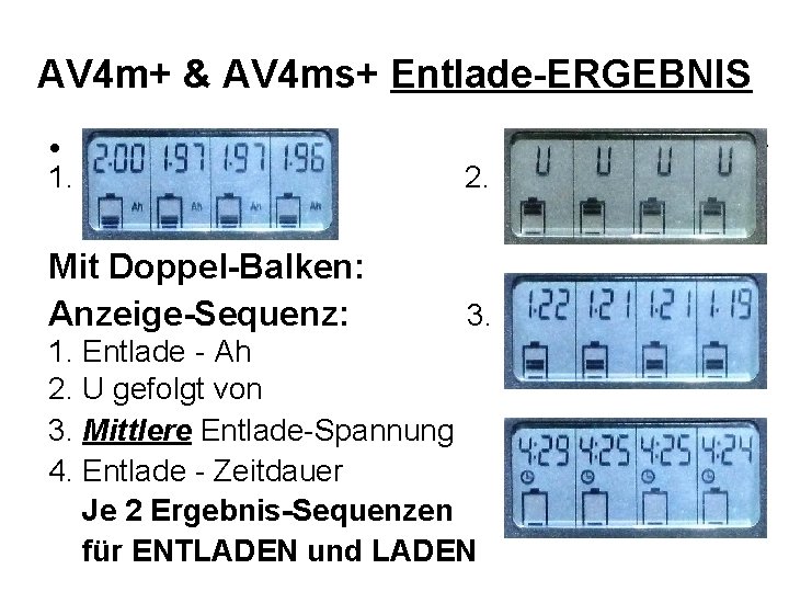 AV 4 m+ & AV 4 ms+ Entlade-ERGEBNIS • . 1. 2. Mit Doppel-Balken: