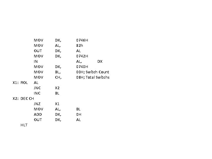 MOV OUT MOV IN MOV MOV X 1: ROL AL JNC INC X 2: