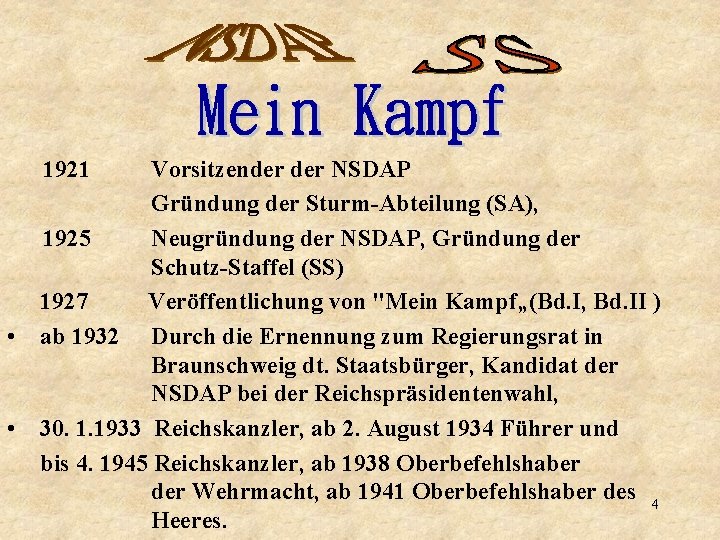 1921 • • Vorsitzender NSDAP Gründung der Sturm-Abteilung (SA), 1925 Neugründung der NSDAP, Gründung