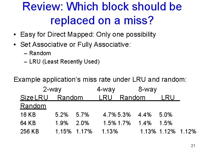 Review: Which block should be replaced on a miss? • Easy for Direct Mapped: