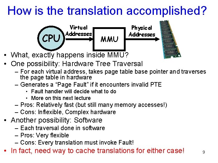 How is the translation accomplished? CPU Virtual Addresses MMU Physical Addresses • What, exactly