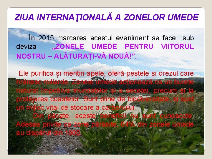 ZIUA INTERNAŢIONALĂ A ZONELOR UMEDE În 2015 marcarea acestui eveniment se face sub deviza