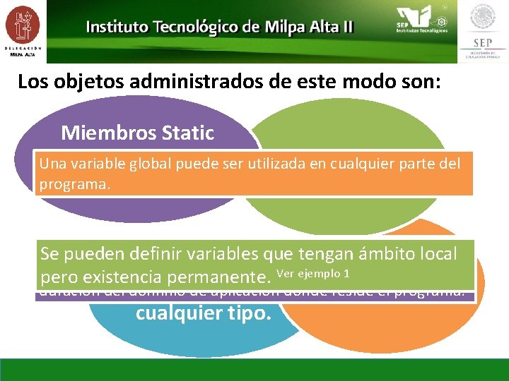 Los objetos administrados de este modo son: Miembros Static de laglobal Clase. Una variable