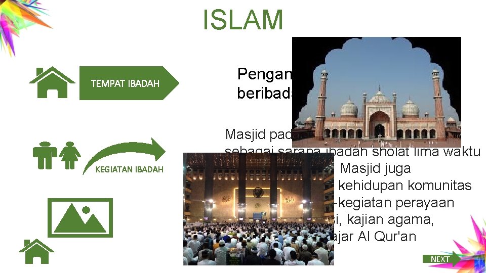 ISLAM TEMPAT IBADAH KEGIATAN IBADAH Penganut Agama Islam beribadah di Masjid pada umumnya digunakan