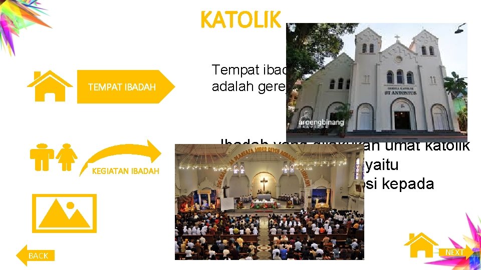 KATOLIK TEMPAT IBADAH KEGIATAN IBADAH BACK Tempat ibadah umat katolik adalah gereja Ibadah yang