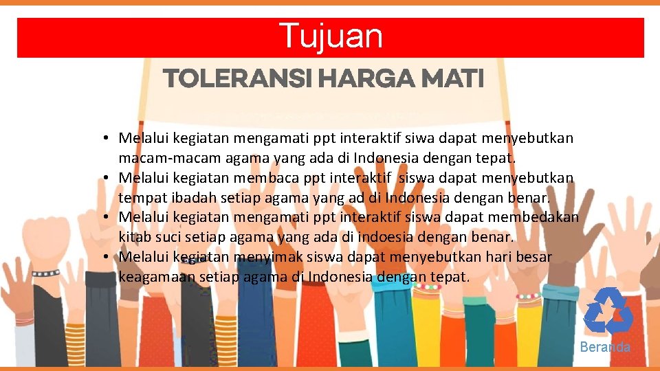 Tujuan • Melalui kegiatan mengamati ppt interaktif siwa dapat menyebutkan macam-macam agama yang ada