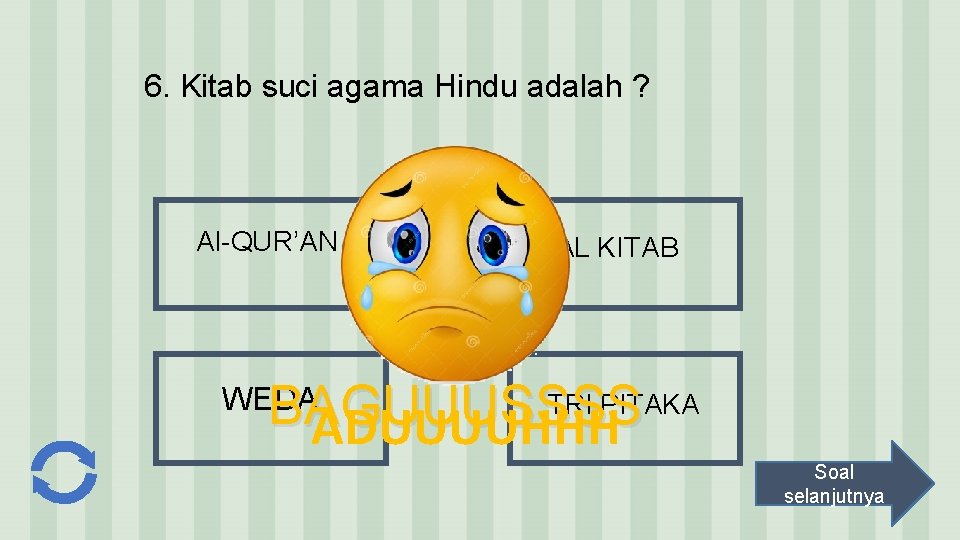 6. Kitab suci agama Hindu adalah ? Al-QUR’AN AL KITAB TRI PITAKA BAGUUUSSSS ADUUUUHHH