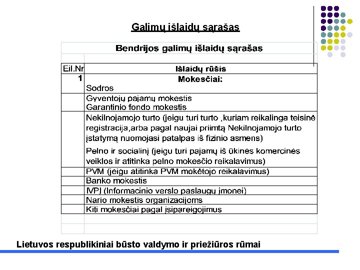Galimų išlaidų sąrašas Lietuvos respublikiniai būsto valdymo ir priežiūros rūmai 