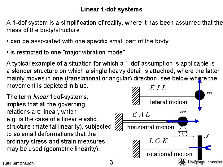 Linear 1 -dof systems A 1 -dof system is a simplification of reality, where