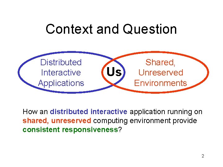 Context and Question Distributed Interactive Applications Us Shared, Unreserved Environments How an distributed interactive