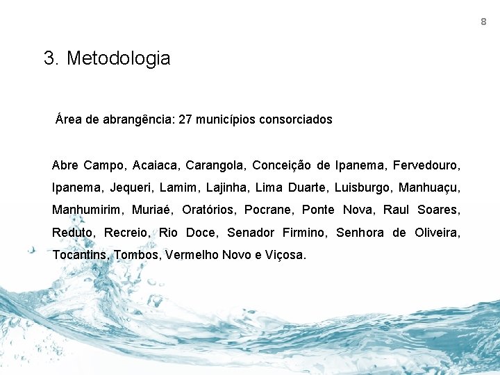 8 3. Metodologia Área de abrangência: 27 municípios consorciados Abre Campo, Acaiaca, Carangola, Conceição