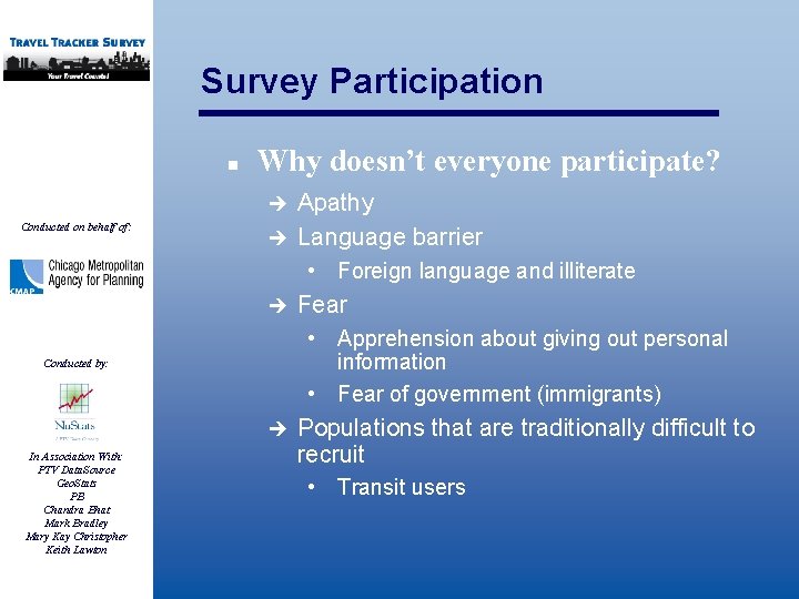 Survey Participation n Why doesn’t everyone participate? è Conducted on behalf of: è Apathy