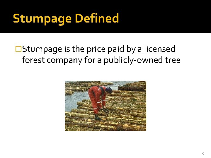 Stumpage Defined �Stumpage is the price paid by a licensed forest company for a