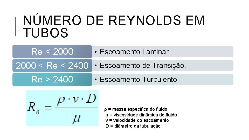 NÚMERO DE REYNOLDS EM TUBOS Re < 2000 • Escoamento Laminar. 2000 < Re
