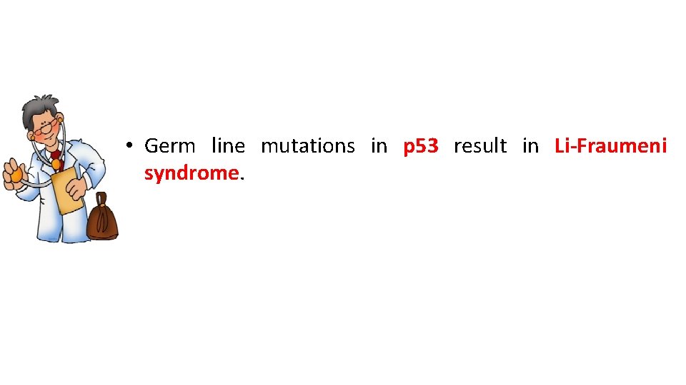  • Germ line mutations in p 53 result in Li-Fraumeni syndrome. 