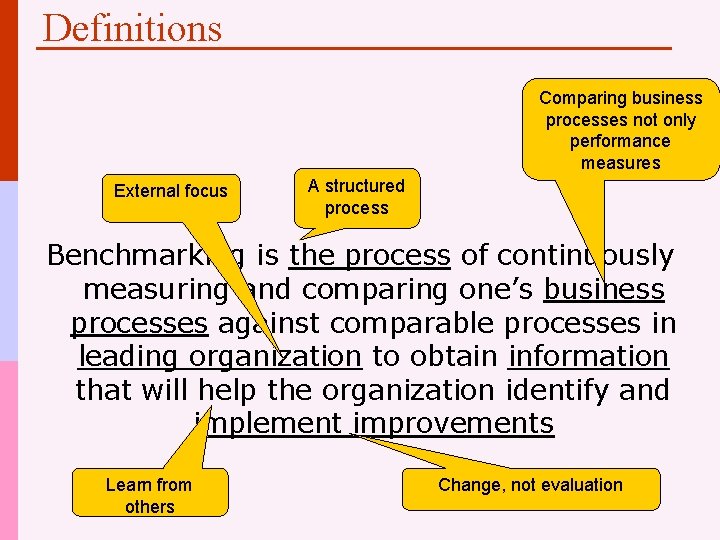 Definitions Comparing business processes not only performance measures External focus A structured process Benchmarking