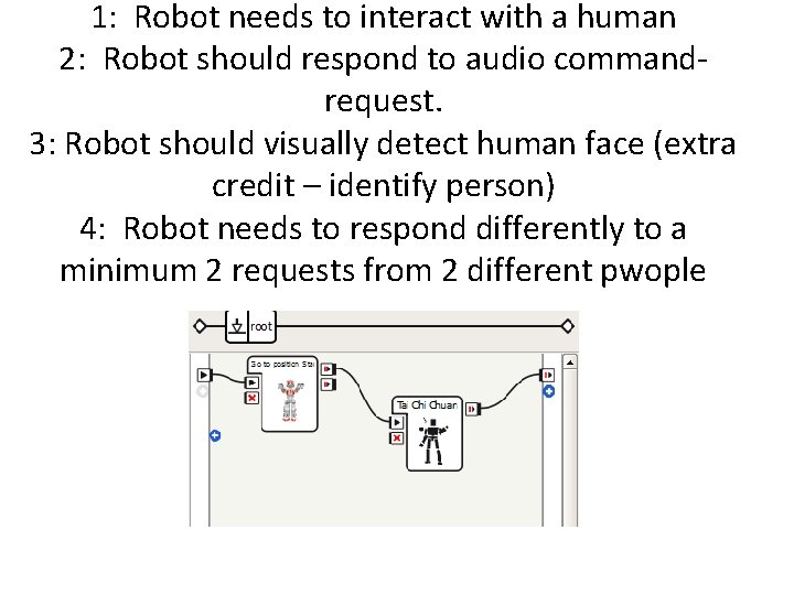 1: Robot needs to interact with a human 2: Robot should respond to audio