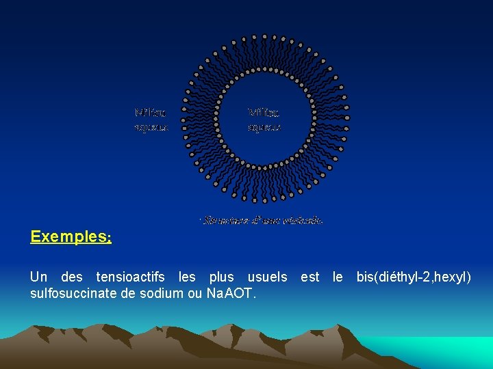 Exemples: Un des tensioactifs les plus usuels est le bis(diéthyl-2, hexyl) sulfosuccinate de sodium